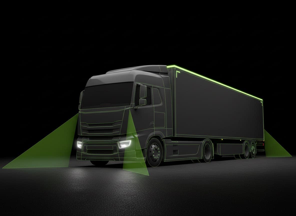 Bird's-eye HUD of a truck with blind-spot detection and 360° view