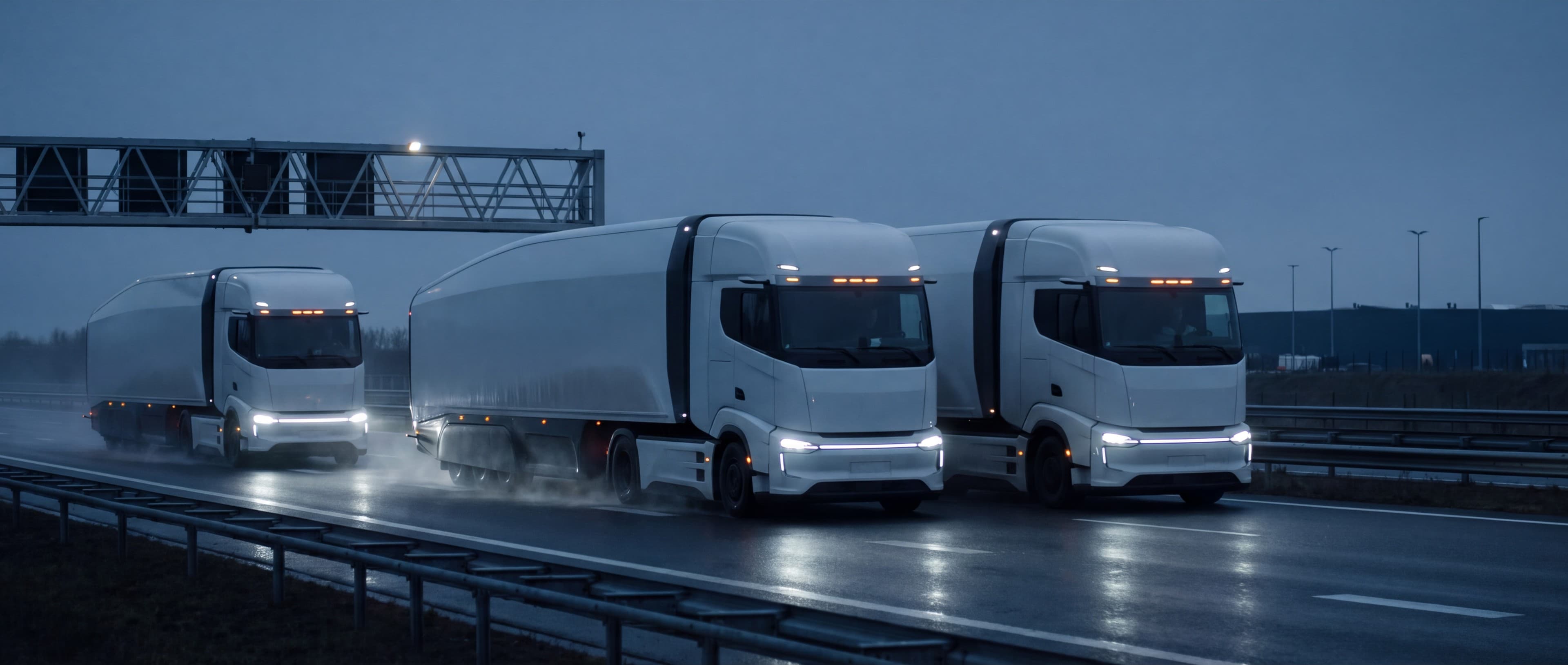 Motorway at dusk after rain — three articulated lorries running with headlights on beneath a sign gantry