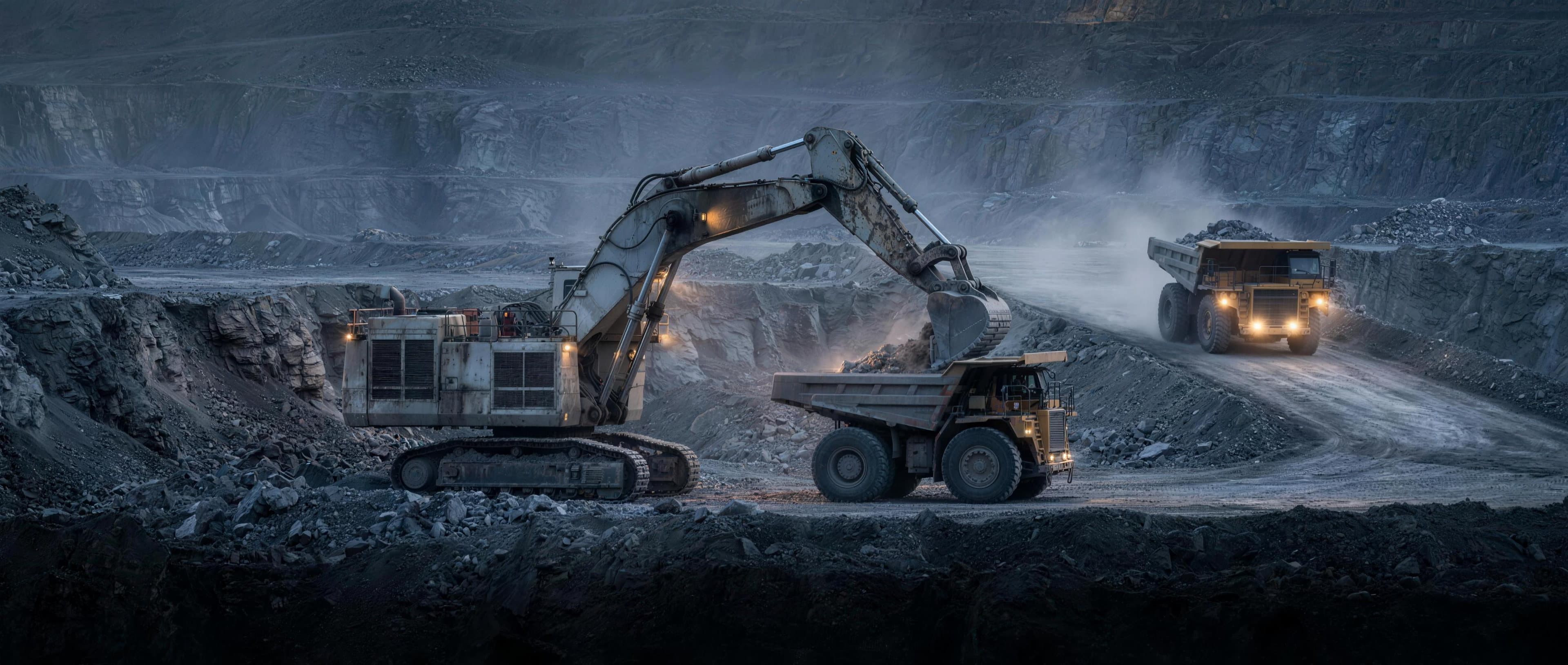 Open-pit mine at dusk — an excavator loading a hauler, a second hauler climbing the ramp through dust