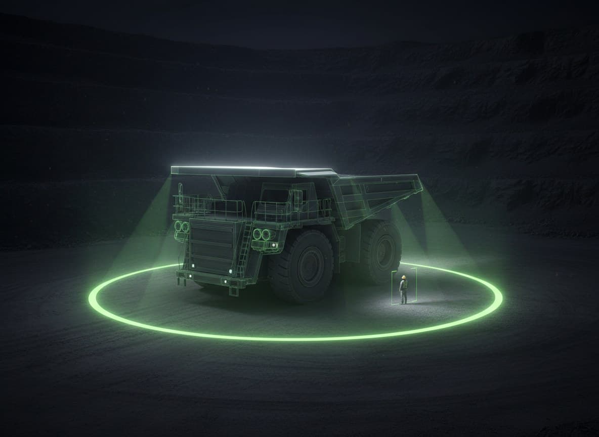 Mining haul truck at night in a pit, with a green detection ring on the ground and a worker inside a recognition bracket